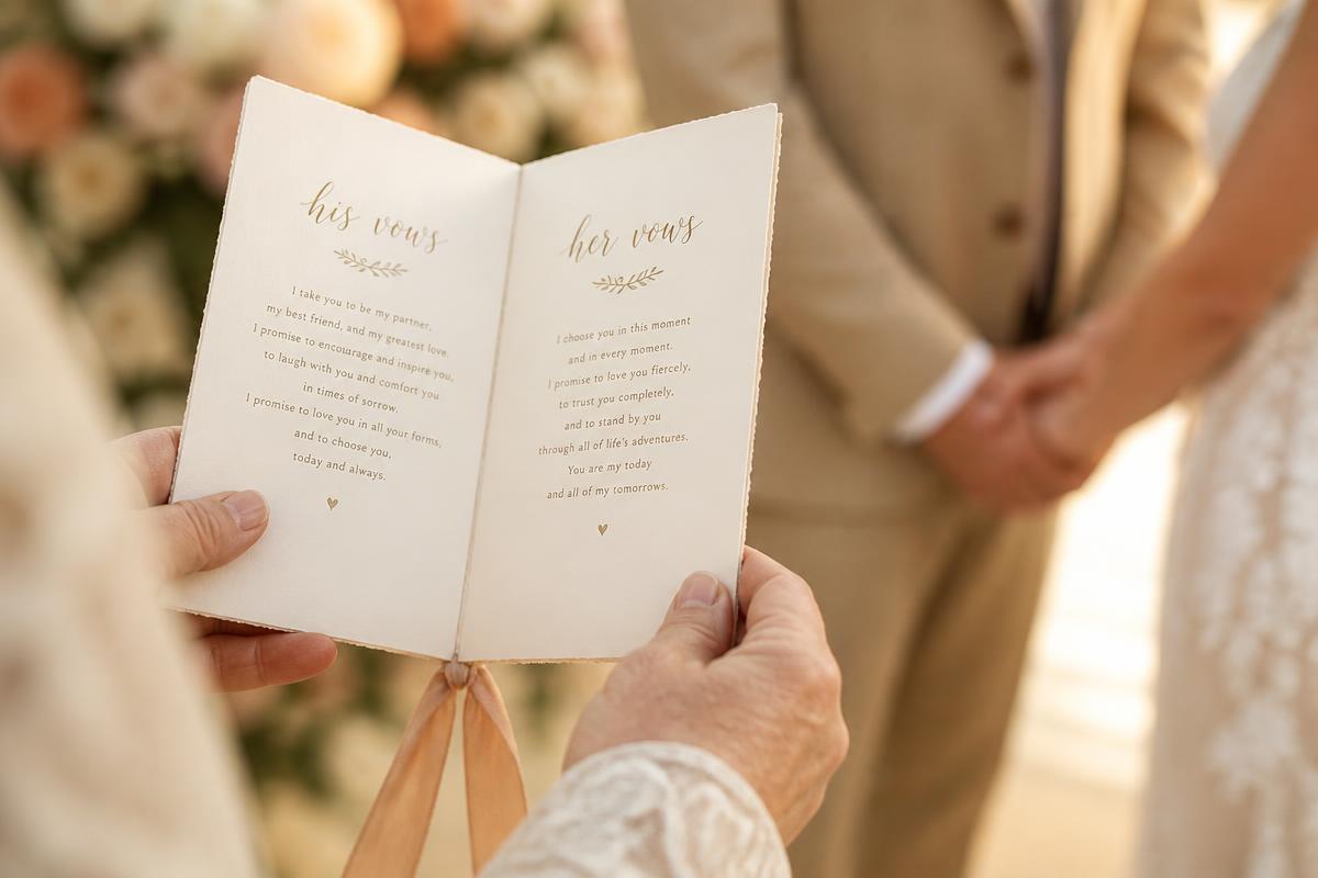 Wedding officiant holding vow booklet during a ceremony